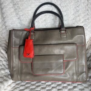 DVF Diane von Furstenberg Gray Taupe Leather Large Tote Silver Hardware